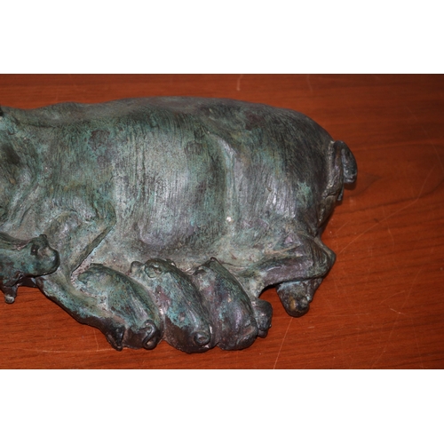 172 - Artisan Bronzed Pig with Piglets, Possibly Door Stop - Heavy - 27cm