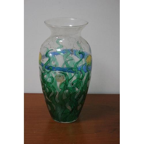 66 - Large Hand Painted Glass Vase - Underwater Scene - Signed S. Phillips '98