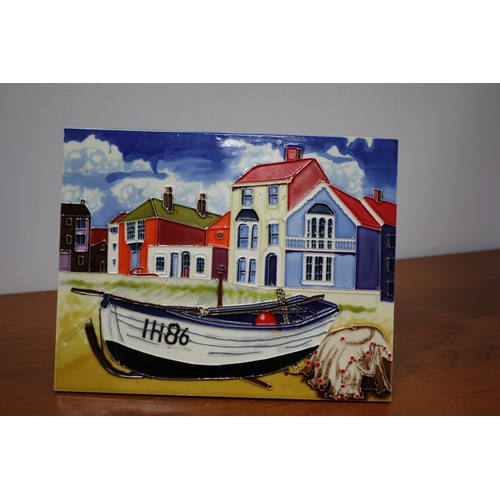 208 - Large Hand Enamelled Tile with Cornish Boat / Beach Scene with Pull Out Arm on Reverse to Aid in Sta... 