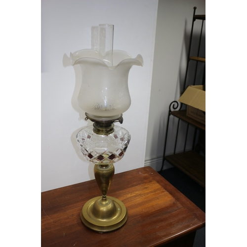 235 - Vintage Oil Lamp with Ornate Cut Glass Oil Holder with Brass Base - Ornate Engraved Shade plus Flume