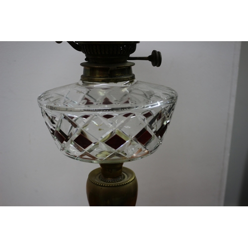 235 - Vintage Oil Lamp with Ornate Cut Glass Oil Holder with Brass Base - Ornate Engraved Shade plus Flume