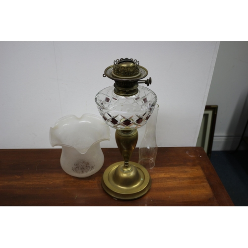 235 - Vintage Oil Lamp with Ornate Cut Glass Oil Holder with Brass Base - Ornate Engraved Shade plus Flume