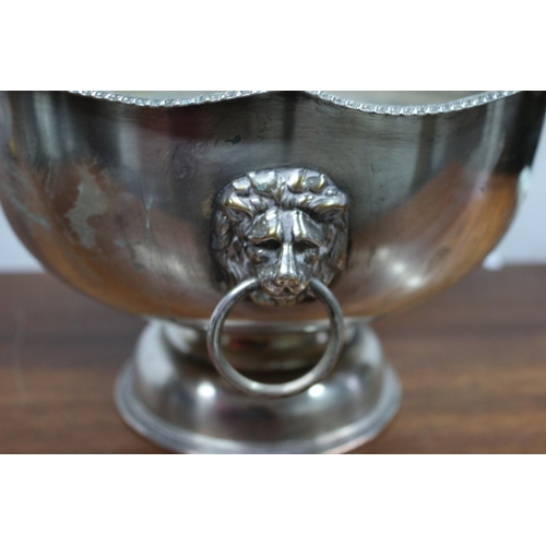 238 - Silver on Copper Old Punch Bowl with Lion Handles with Rings - 17cm High x 28cm Diameter