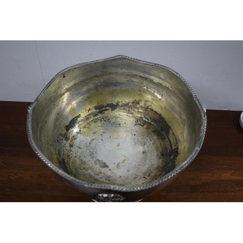 238 - Silver on Copper Old Punch Bowl with Lion Handles with Rings - 17cm High x 28cm Diameter