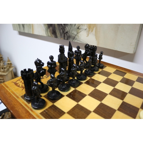 96 - Very Nice Working Musical Italian Table with Chess Board On Top - Contains a Composite Chess Set