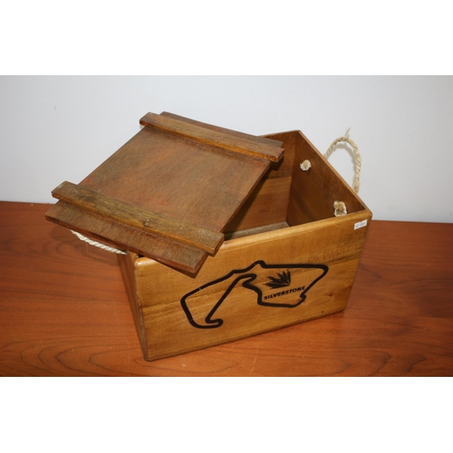 411 - Wooden Storage box with rope handle and lid  Silverstone theme 35x25x22cm