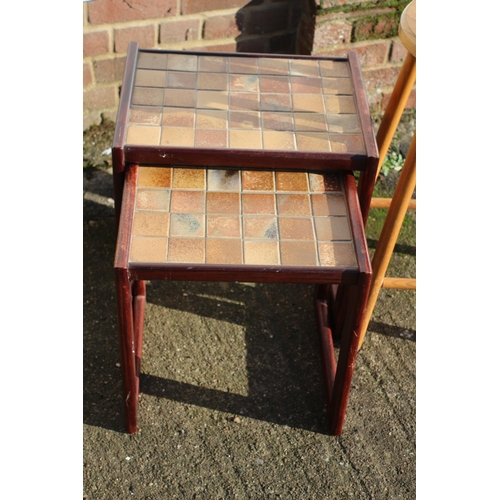 254 - 2 Vintage / Mid Century Nest of Tables with Tiled Tops plus Wooden Breakfast Bar / Kitchen Stool