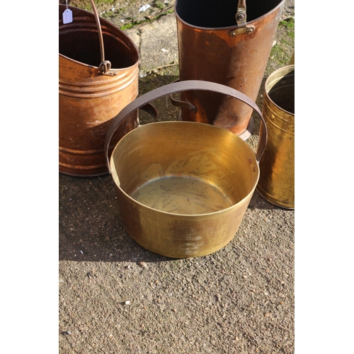 257 - Nice Mixture of Copper and Brass Coal Scuttles plus a Very Heavy Preserve Pot