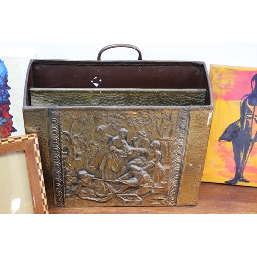 272 - Vintage Brass / Copper Magazine Holder plus Various Art Canvases and a Wooden Picture Frame with Che... 