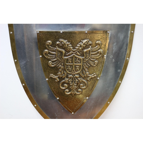 273 - A Well Made, Heavy Metal Medieval Knights Shield with Brass Edges and Central Eagle Coat of Arms Emb... 