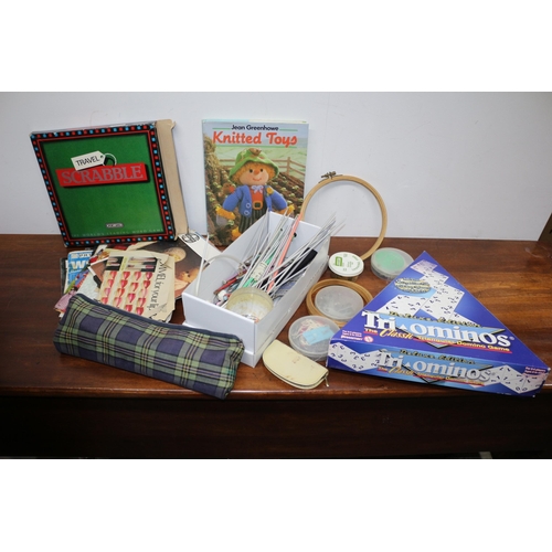 334 - A Box Containing Games, Knitting Tools with Patterns and Arts & Crafts Items