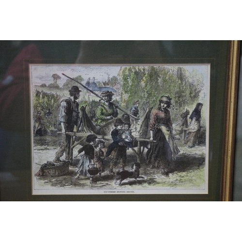 354 - Really Nice Set of 3 Quality Hand Coloured Etchings of Hop Pickers - Framed and Glazed - Largest 50 ... 