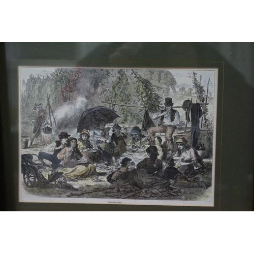 354 - Really Nice Set of 3 Quality Hand Coloured Etchings of Hop Pickers - Framed and Glazed - Largest 50 ... 