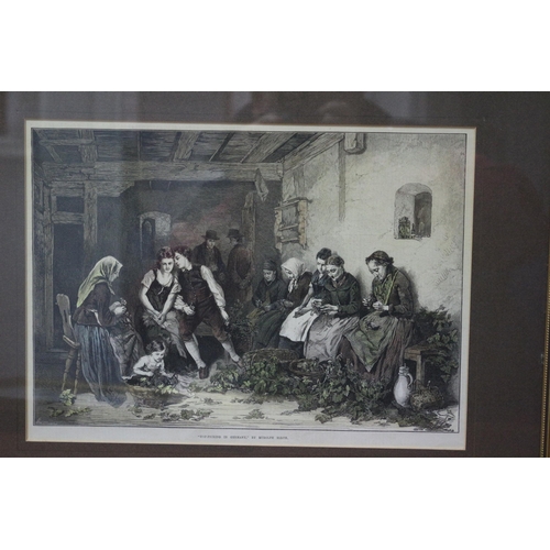 357 - Antique Hand Coloured Etching - Hop Picking in Germany by Rudolph Hirth - 50 x 40cm Framed and Glaze... 