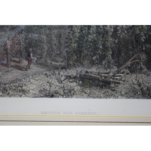 359 - Framed and Glazed Antique Hand Coloured Etching - Kentish Hop Gardens - 41 x 35cm - (On Offer Courte... 