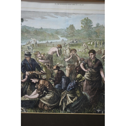 361 - Loosely Large Framed Antique 1871 Hand Coloured Etching of Presumably Hop Pickers on a Rare Day Off ... 