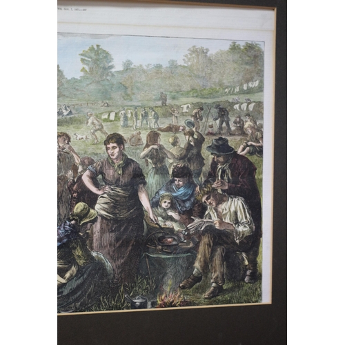 361 - Loosely Large Framed Antique 1871 Hand Coloured Etching of Presumably Hop Pickers on a Rare Day Off ... 