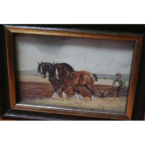 362 - Pair of Miniature Watercolours of Shire Horses at Work in a Bygone Era - Framed and Glazed - 10 x 7.... 