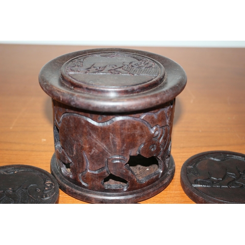 382 - African Hand Carved Depicting a Rhino Hard Wood Coaster Holder with Coasters