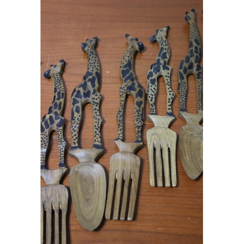 383 - Selection of African Hand Carved Salad Mixers Depicting Giraffes