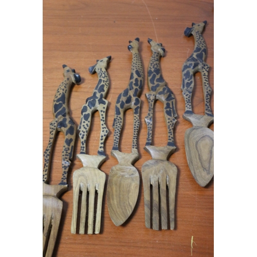 383 - Selection of African Hand Carved Salad Mixers Depicting Giraffes