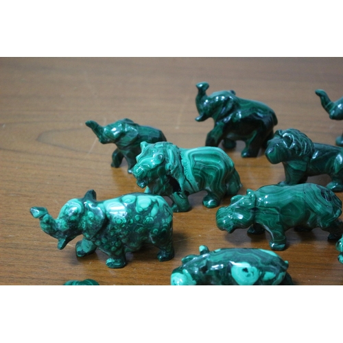 385 - Good Selection of Hand Carved Malachite Stone Animals and Heart Pendants