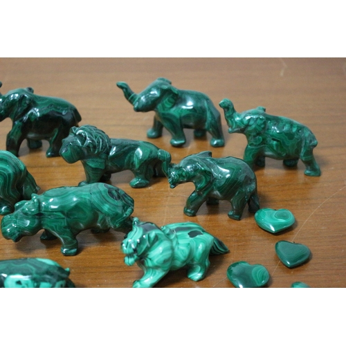 385 - Good Selection of Hand Carved Malachite Stone Animals and Heart Pendants