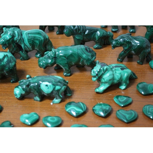 385 - Good Selection of Hand Carved Malachite Stone Animals and Heart Pendants