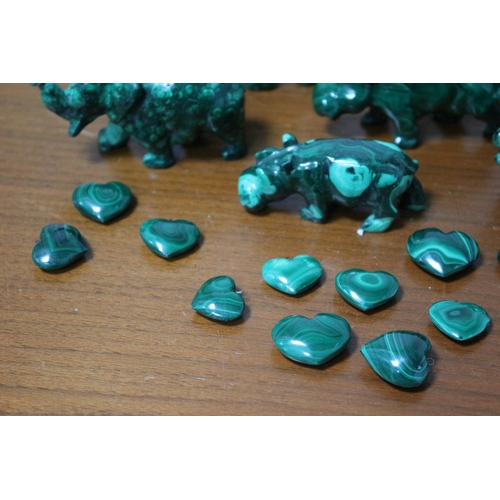 385 - Good Selection of Hand Carved Malachite Stone Animals and Heart Pendants