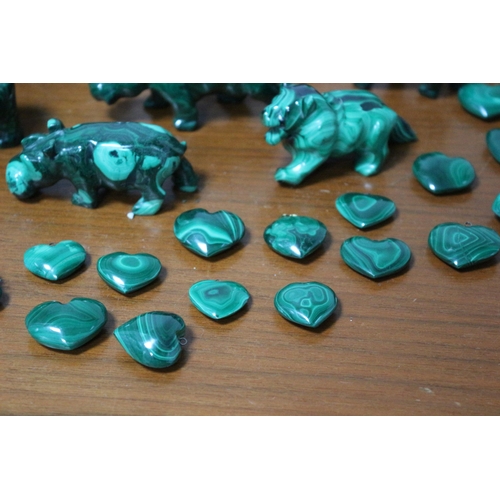 385 - Good Selection of Hand Carved Malachite Stone Animals and Heart Pendants