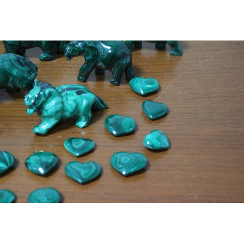 385 - Good Selection of Hand Carved Malachite Stone Animals and Heart Pendants