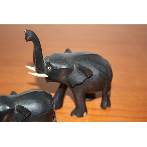 394 - Vintage Set of 3 Carved Wood Elephants with Raised Trunks