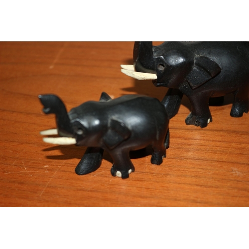 394 - Vintage Set of 3 Carved Wood Elephants with Raised Trunks