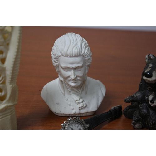 397 - Bone Carved Deity plus Composite Bust of Mozart, untested Watch and a Bear