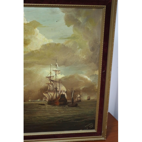 407 - Mid Century Oil on Board Classical Nautical Painting by Accomplished Amateur S.S. Gates Titled - Bat... 