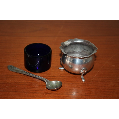 42 - Tested as Silver and Marked SIL Salt Pot with Glass Insert plus Silver Plate Spoon - 35.4g without g... 