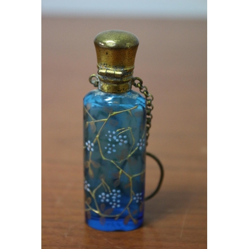 68 - Antique French Moser Turquoise Blue Hand Painted Enamelled Art Glass Chatelaine Perfume Bottle