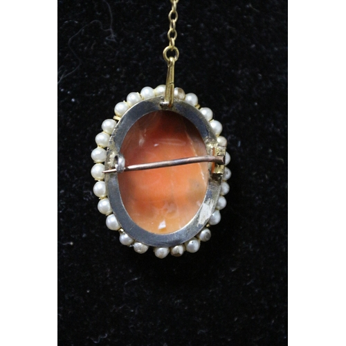 70 - Tested as Silver Setting with Well Carved Cameo Inset and Pearl Surround on Safety Chain and Pin