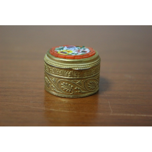 74 - Highly Ornate Italian Micro Mosaic Metal Gilt Pill Box