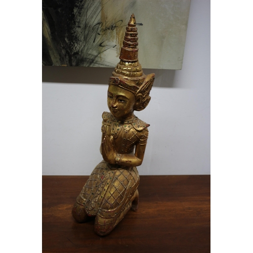 104 - Large Thai Hand Carved Wooden Kneeling Temple Shrine Figure with Gilding - 58cm Tall