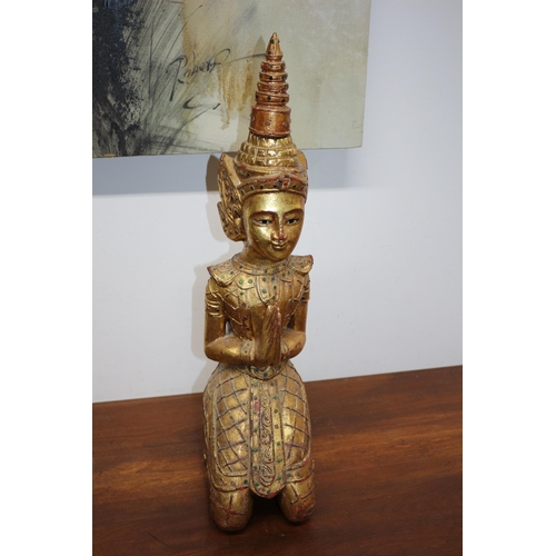 104 - Large Thai Hand Carved Wooden Kneeling Temple Shrine Figure with Gilding - 58cm Tall