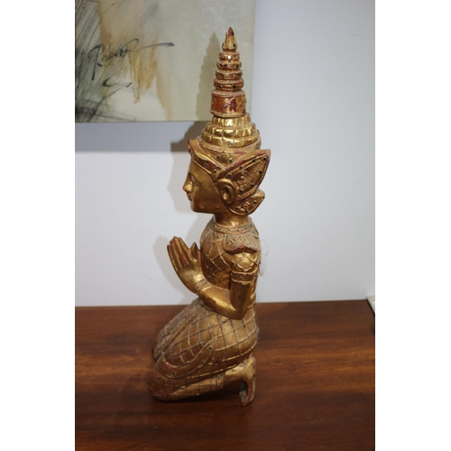 104 - Large Thai Hand Carved Wooden Kneeling Temple Shrine Figure with Gilding - 58cm Tall