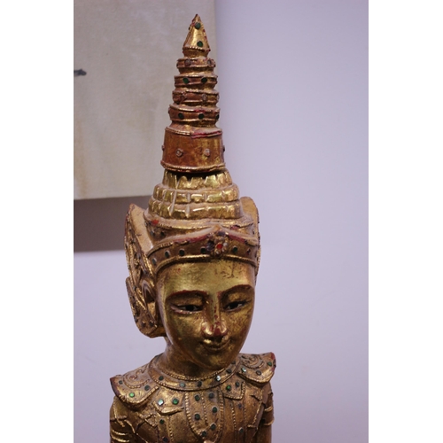 104 - Large Thai Hand Carved Wooden Kneeling Temple Shrine Figure with Gilding - 58cm Tall