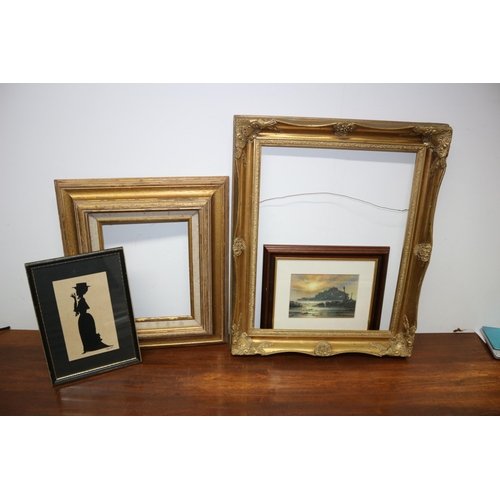 143 - 2 x Aged Picture Frames plus a Believed to be Victorian Silhouette Picture of a Woman plus a Print