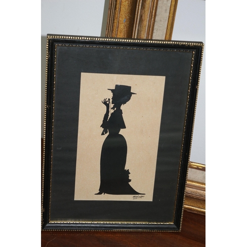 143 - 2 x Aged Picture Frames plus a Believed to be Victorian Silhouette Picture of a Woman plus a Print