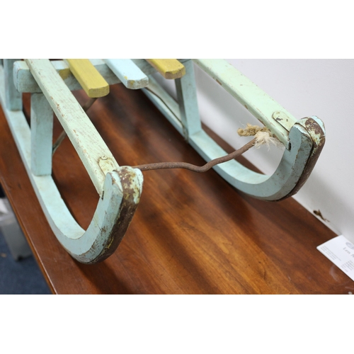 149 - Vintage Painted Wooden Slated Sleigh with Metal Runners