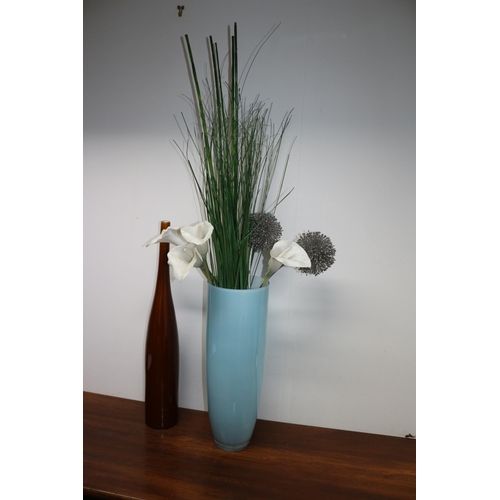 151 - Large Glass Vase 50cm plus Ceramic Vase 65cm plus Synthetic Plants