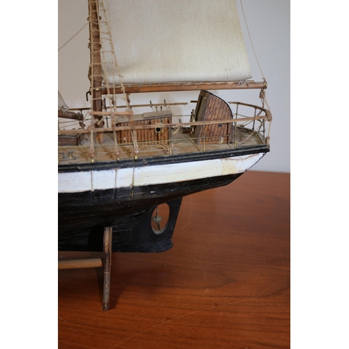 190 - Scratch Built Hand Made Model of Twin Mast Ship on Stand - 67cm Bow to Stern - 60cm Tall