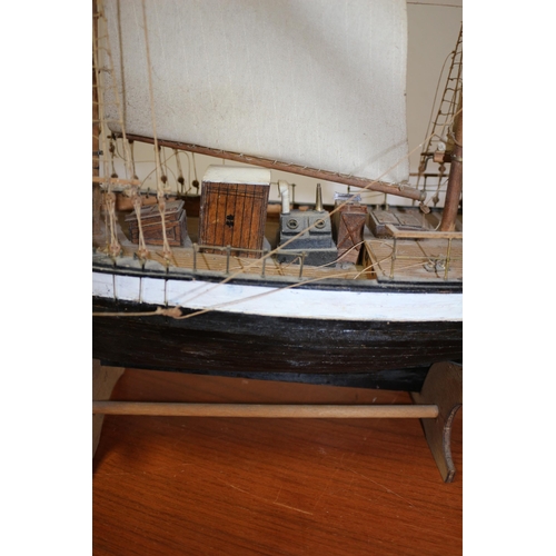 190 - Scratch Built Hand Made Model of Twin Mast Ship on Stand - 67cm Bow to Stern - 60cm Tall