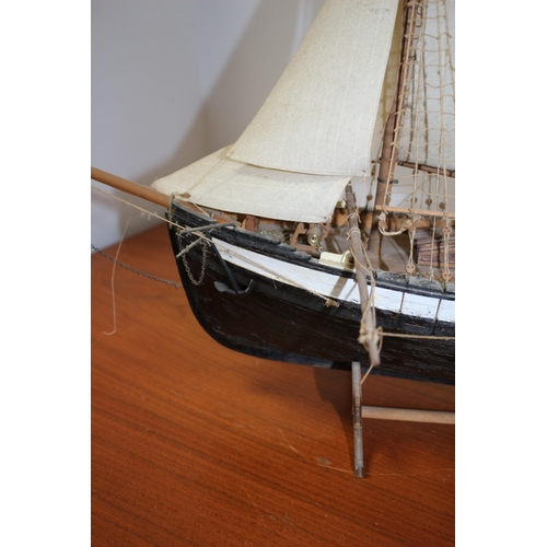 190 - Scratch Built Hand Made Model of Twin Mast Ship on Stand - 67cm Bow to Stern - 60cm Tall